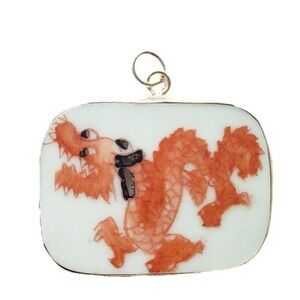 Vintage Hand Painted Orange Chinese Dragon Porcelain Pottery Shard Pendant Focal